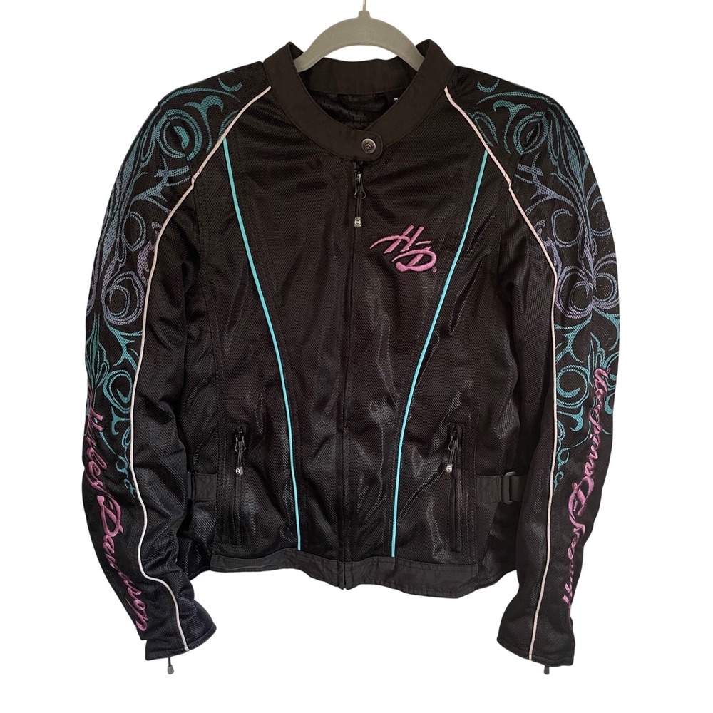 Harley-Davidson Womens Mesh Riding Jacket Black Pink Teal Tribal Embroidered M